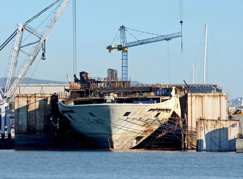 Demolition of a passenger ship in the shipyards. 