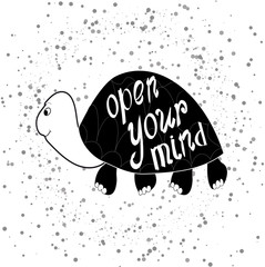 Funny turtle. Cool inscription text open your mind