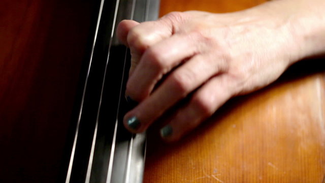 Close detail on the left hand of a cellist as she plays her instrument high on the fingerboard of the cello.