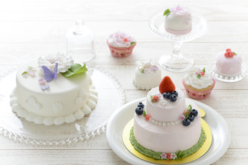 Obraz na płótnie Canvas ケーキのイメージ　蝶々と花のケーキ　デコレーションケーキ　春のケーキ　クリーム　ケーキ作り