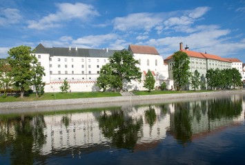 Fototapeta na wymiar Medieval Town Pisek from embankment river Otava in the Southern Bohemia, Czech Republic
