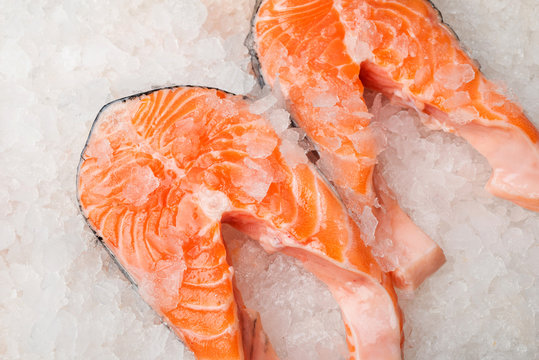 Fresh Salmon Fillet On Ice At Market