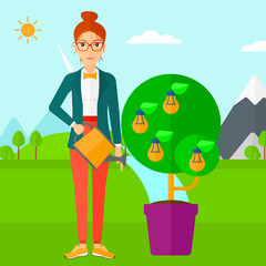 Woman watering tree with light bulbs.