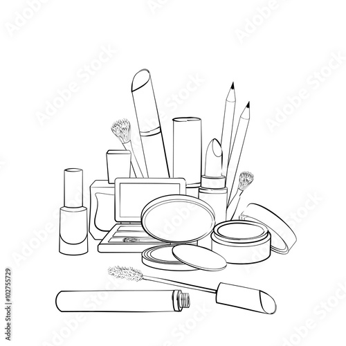 "Hand drawn cosmetics collection. Sketch of elements for makeup