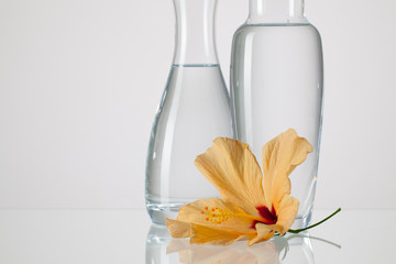 Two vases with clean water and hibiskus flower