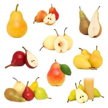 Set different varieties of pears with slices (isolated)