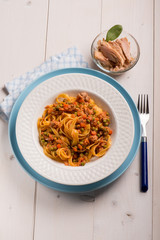 tagliatelle with tuna ragout and green peas