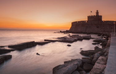 Fortress of St. Nicholas at dawn. Rhodes Island. Greece