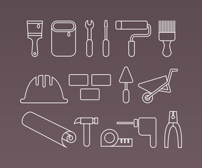 Construction icons, working tools and equipment. Thin Line vector elements