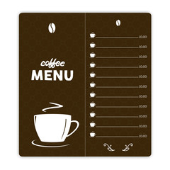 Coffee card with coffee cup on brown background and hand written quote coffee menu