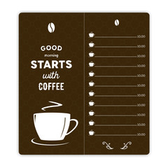 Coffee card with coffee cup on brown background and hand written quote Good morning starts with coffee