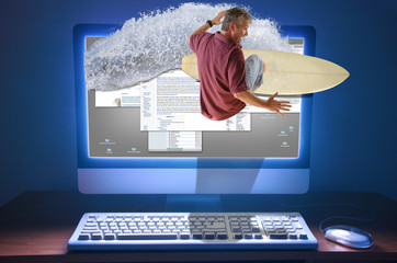 An internet web surfer is literally surfing a wave right through the computer screen with web pages...