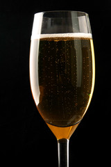 A glass of sparkling champagne on black background