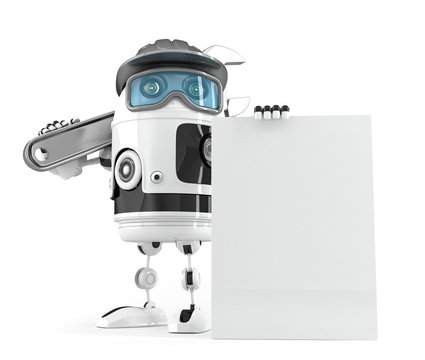 Construction robot with blank board for your ad. Isolated. Contains clipping path