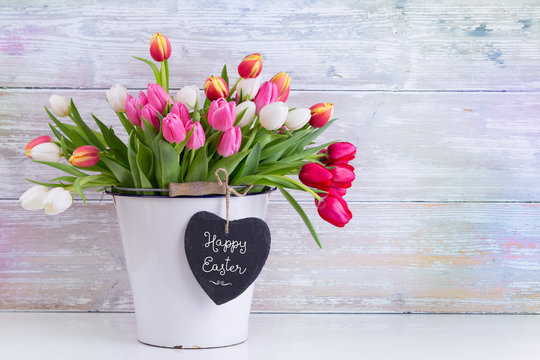 Happy Easter  -  Tulip flowers on wooden background  -  Greeting card