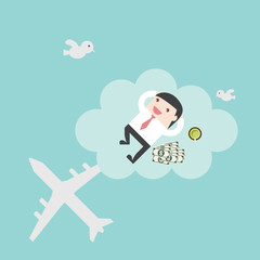 Happy businessman on cloud with money. Passive income for financial freedom. Flat design for business financial marketing banking concept cartoon illustration.
