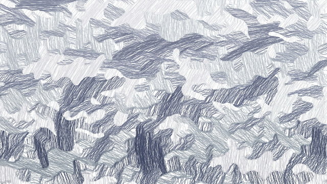Random animated crayon hatches forms abstract camouflage background. From white to cold gray color range.