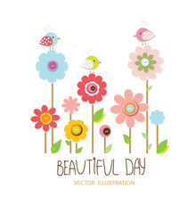 colorful background with geometric flowers pattern with birds on a white background with the words beautiful day