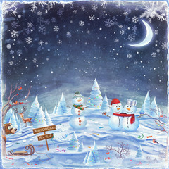 Winter holidays landscape with Snowmen in forest. Merry Christma