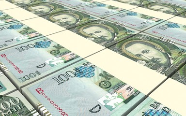 Paraguyan guarani bills stacks background. Computer generated 3D photo rendering.