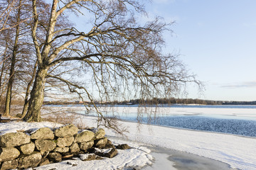 Wintry view to the unfrozen lake