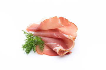 Slices of ham on white background.