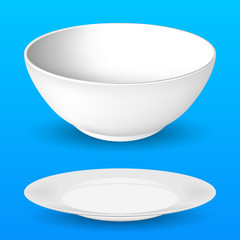 Bowl and plate, realistic vector illustration