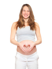 Young woman with hands forming on belly. People isolated on white background. Maternity and healthcare concept.