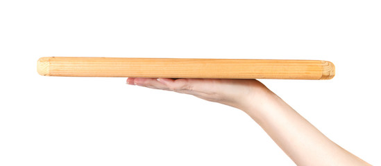 female hand holding a cutting board on a white background