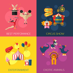 Circus performance, entertainment, exotic animals compositions with circus icons. Flat style design. 