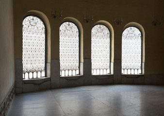 Four windows with iron decorated grid, historic mosque, Cairo, Egypt
