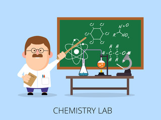 teacher a man in a bathrobe in a chemical laboratory, the class to do experiments on the background of the school board with formulas. microscope and test tubes