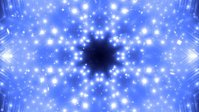 Fractal blue kaleidoscopic background with brilliant particles. Disco spectrum lights concert spot bulb.