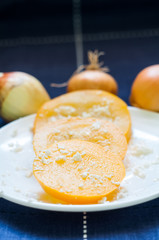 Marinated zucchini. Yellow and juicy zucchini. White cheese