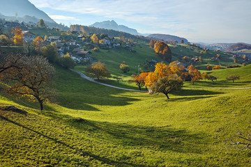 Amazing Autumn Landscape of typical Switzerland village near town of Interlaken, canton of Bern