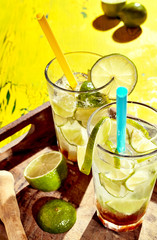 Glasses full of lemon slices, ice and alcohol