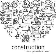 Vector construction illustration with icons and signs in linear style equipment build tool on white background poster or banner template