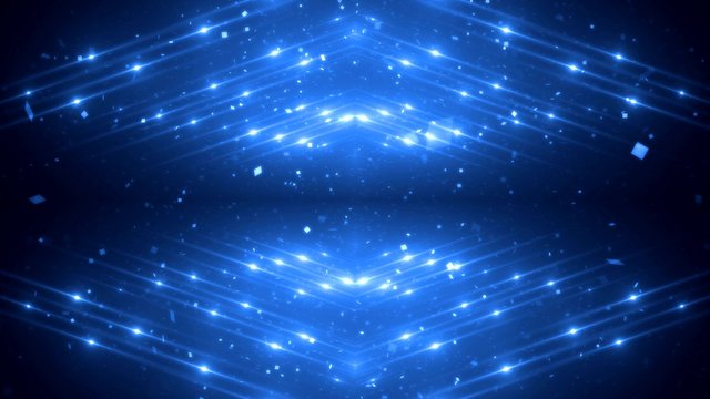 Fractal blue kaleidoscopic background with brilliant particles. Disco spectrum lights concert spot bulb.