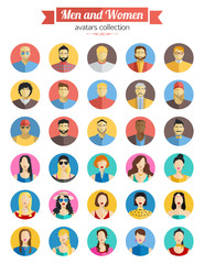 Set of Men and Women Avatars Icons. Colorful Male and Female Faces Icons Set. Flat Style Design with long shadows. 