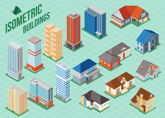 Set of 3d isometric private houses and tall buildings icons for map building. Real estate concept. 
