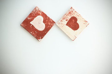 Red & White couple of handmade jewellery earrings, hearts on woo