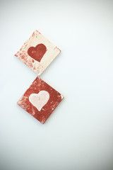 Red & White couple of handmade jewellery earrings, hearts on woo