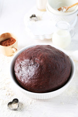 Cooked chocolate pie in a baking tray on a table