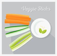 Vegetable sticks. Raw food. Vector illustration, flat lay.