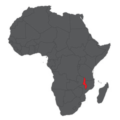 Map of Africa on gray with red Malawi vector