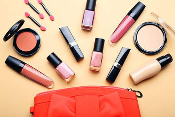 Obraz premium Set of decorative cosmetics on light color background