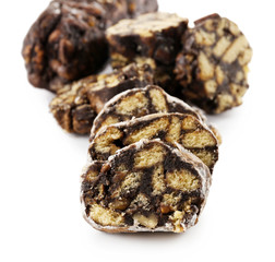 Chocolate salami, isolated  white