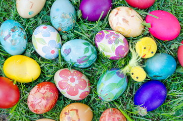 Decoupage decorated colorful Easter eggs
