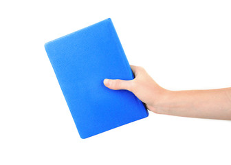 Female hand holding book, isolated on white