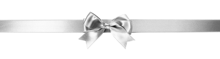 Silver silk ribbon with beautiful bow isolated on white background